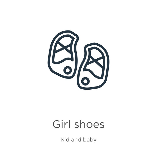 Ícone de sapatos de menina. Magro linear menina sapatos contorno ícone isolado no fundo branco da criança e coleção do bebê. Linha vetor menina sapatos sinal, símbolo para web e celular
 - Vetor, Imagem