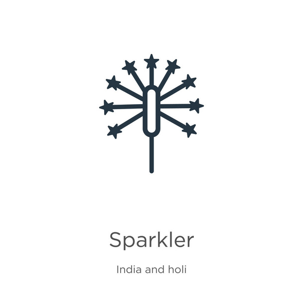 Ikona Sparklera. Cienki liniowy szkic ikony ikony odizolowanej na białym tle z kolekcji hinduskiej i holi. Liniowy znak wektora iskry, symbol sieci web i mobile - Wektor, obraz