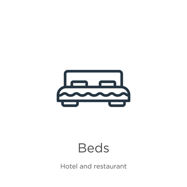 Beddenpictogram. Dunne lineaire bedden schetsen icoon geïsoleerd op witte achtergrond uit hotelcollectie. Line vector bedden teken, symbool voor web en mobiel - Vector, afbeelding