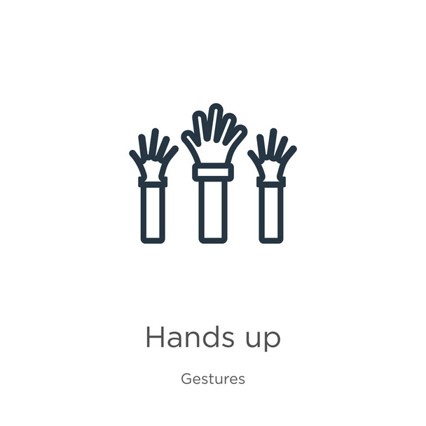 Mains en l'air icône. Mince icône de contour linéaire mains vers le haut isolé sur fond blanc de la collection de gestes. Ligne vecteur mains en l'air signe, symbole pour le web et mobile
 - Vecteur, image