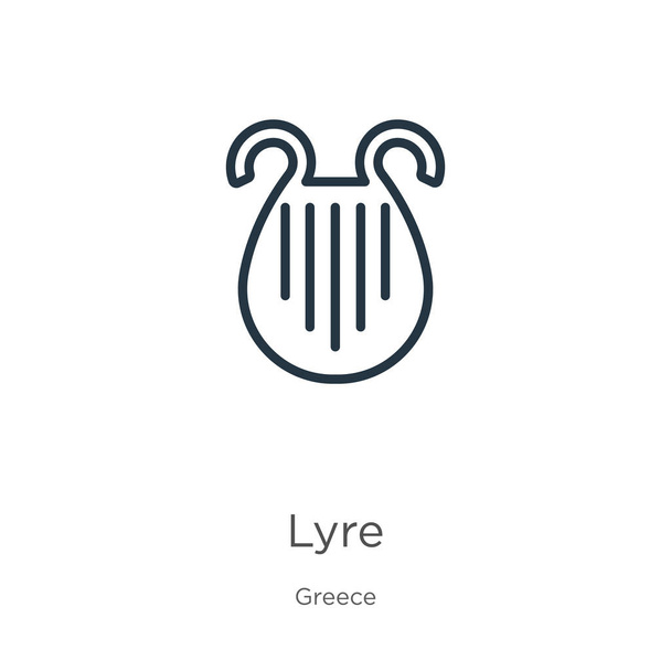 Ikona lyry. Tenké lineární lyry obrys ikony izolované na bílém pozadí ze sbírky řecké. Čárový vektorový znak lyry, symbol pro web a mobil - Vektor, obrázek