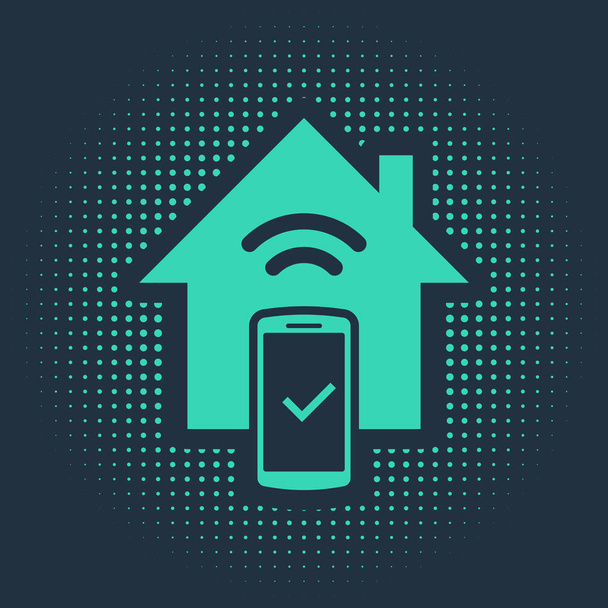 grünes Smart Home - Symbol des Fernbedienungssystems isoliert auf blauem Hintergrund. abstrakte Kreis zufällige Punkte. Vektorillustration - Vektor, Bild