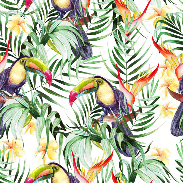 Beautiful watercolor seamless pattern with tropical leaves and bird tukan, hibiscus flowers and strelitzia.  - Photo, Image