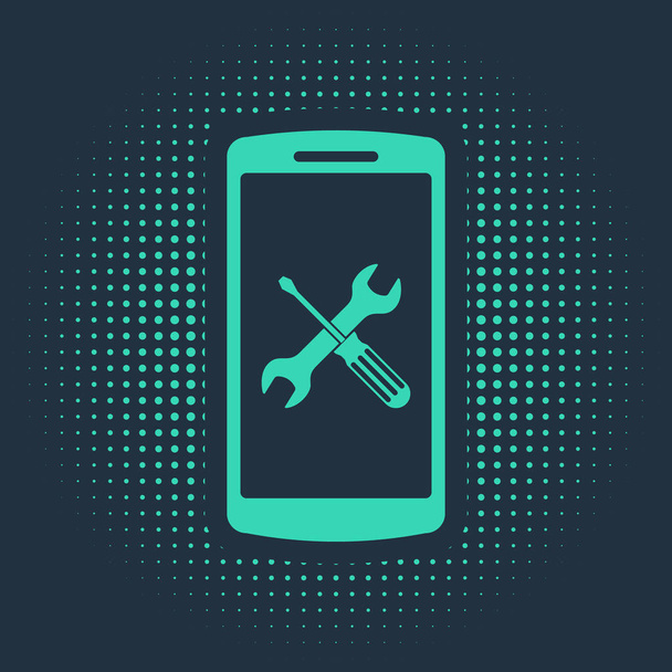 Smartphone verde con cacciavite e chiave a icona isolato su sfondo blu. Regolazione, assistenza, regolazione, manutenzione, riparazione, fissaggio. Cerchi astratti puntini casuali. Illustrazione vettoriale
 - Vettoriali, immagini