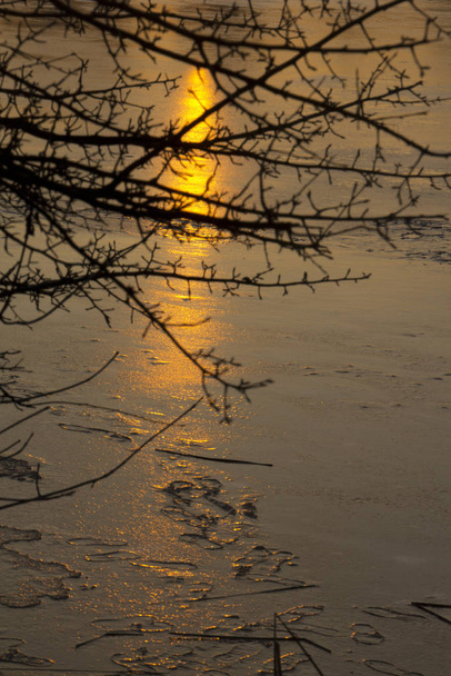 Солнечный путь на замерзшей поверхности водохранилища
. - Фото, изображение