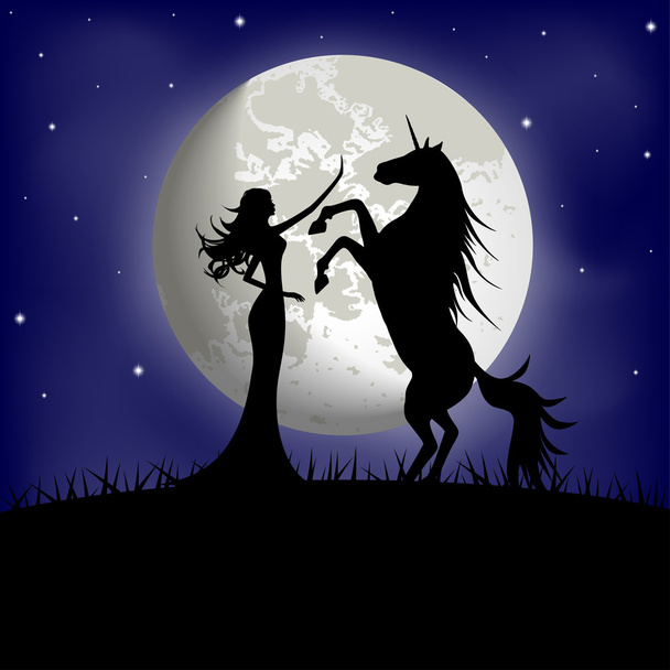 Silhouette of beautiful girl and unicorn on a background of the night sky - Vektör, Görsel