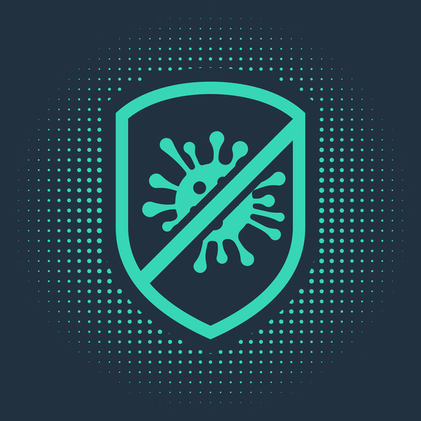 Green Stop virus, bacteria, germs and microbe icon isolated on blue background. Antibacterial and antiviral defence, protection infection. Abstract circle random dots. Vector Illustration - Vector, Image