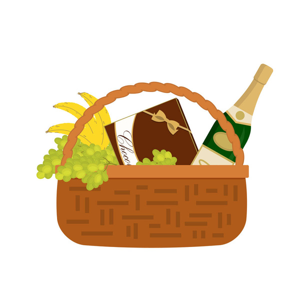 Cesta de mimbre con champán y comida: una botella de vino espumoso, una caja de chocolates, plátanos, uvas en la imagen. Canasta de regalo. Ilustración vectorial sobre fondo blanco
 - Vector, imagen