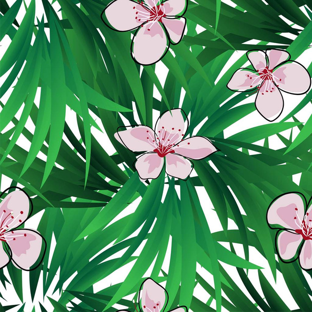 エキゾチックなジャングルの壁紙。シームレスベクトル花柄。春の装飾。パターンデザイン。美しいシームレスな花のジャングルのパターン。エキゾチックな緑の背景。夏の熱帯の葉. - ベクター画像