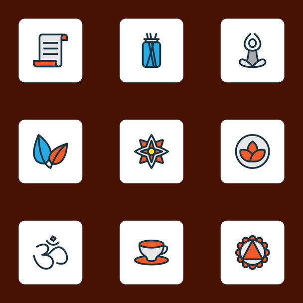 Relax icons colored line set with hinduism, leaves, mandala design decoration elements. Isolated vector illustration relax icons. - ベクター画像