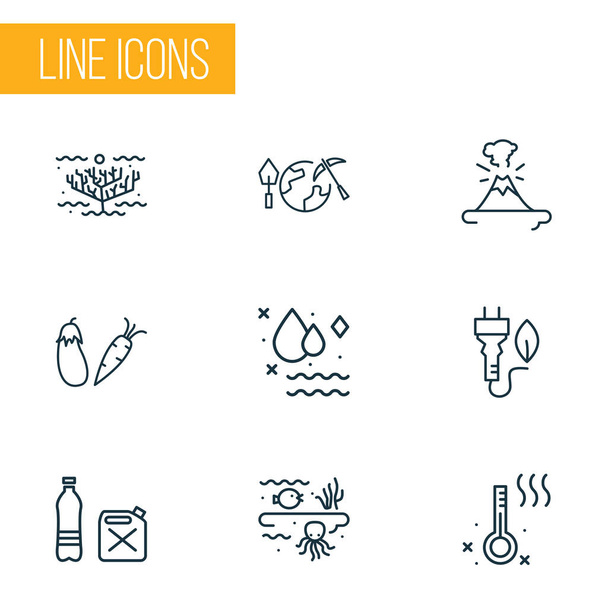 Ecology icons line style set with vegetables, eco plug, clean water and other food elements. Isolated vector illustration ecology icons. - Vector, Image