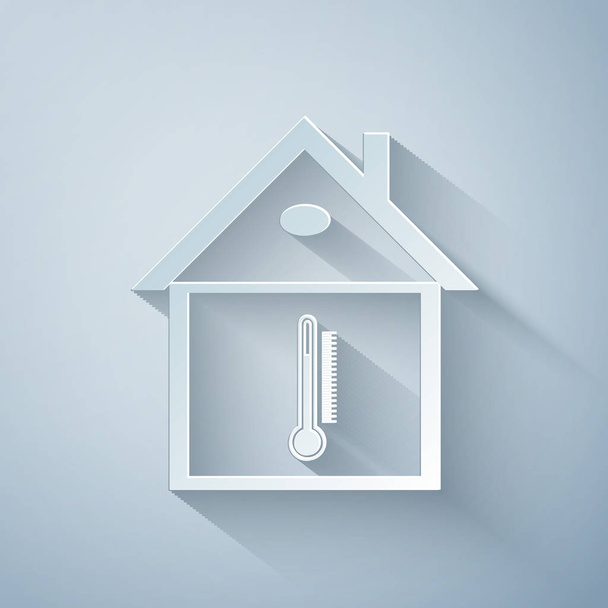 Papier geschnitten Haus Temperatur Symbol isoliert auf grauem Hintergrund. Thermometer-Symbol. Papierkunst. Vektorillustration - Vektor, Bild