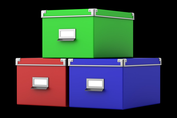 три цветные офисные картонные коробки изолированы на черном фоне
 - Фото, изображение