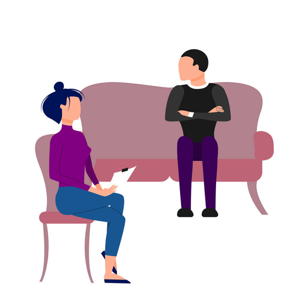 Scene of caucasian female therapist consulting male patient. Flat style stock vector illustration - Vector, Image