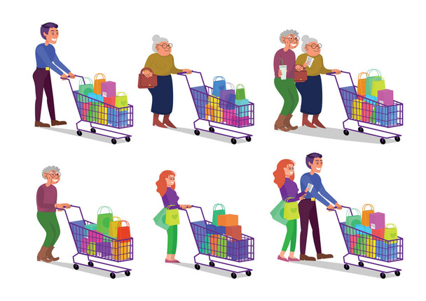 Sada kavkazských dospělých a penzionovaných párů kráčejících s nákupním vozíkem plným nákupů. Šťastně se usmívající muž a žena v obchodě. Plochý styl stock vektorové ilustrace, izolované na bílém pozadí - Vektor, obrázek