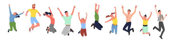 Crowd of young happy smiling people in jumping poses. Isolated on white background. Flat style stock vector. - Vector, Image