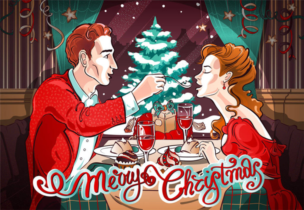 Romantisches Weihnachtsessen im Restaurant mit verliebtem Paar - Vektor, Bild