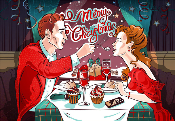 Cena romantica di Natale in un ristorante con una bella coppia innamorata
 - Vettoriali, immagini