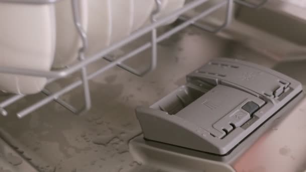 Kobieca ręka wkłada tabletkę detergentu do automatycznej komory w zmywarce - Materiał filmowy, wideo
