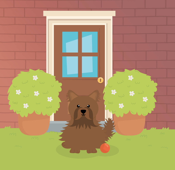 茶色い犬がおもちゃのペットケアで裏庭に座って - ベクター画像