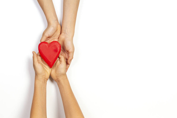 Adulto e criança mãos segurando coração vermelho sobre fundo branco. Amor, saúde, família, seguro, conceito de doação
 - Foto, Imagem