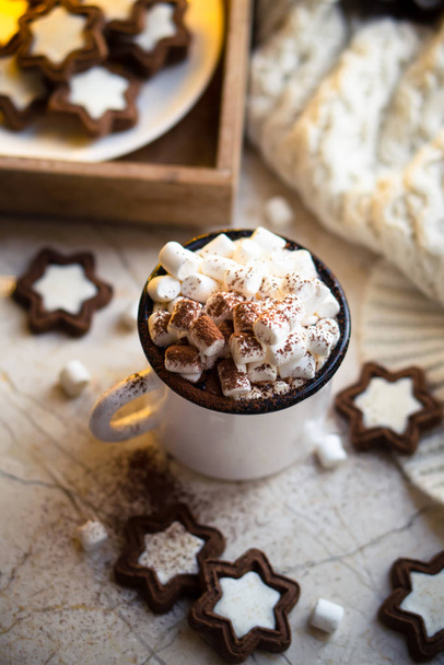 Comforting Christmas food, mug of hot cocoa with marshmallow and cookies with cozy lights - Photo, Image