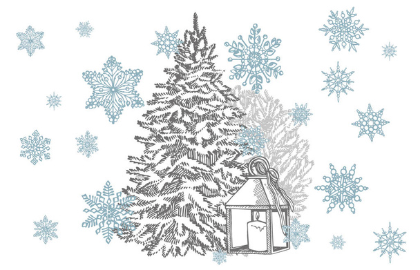 Karácsonyfák és gyertyák hópelyhekkel fehér háttéren. Újévi és karácsonyi design elemek. Üdvözlőlap meghívó karácsonyi grafikával. Szüreti illusztráció. - Vektor, kép