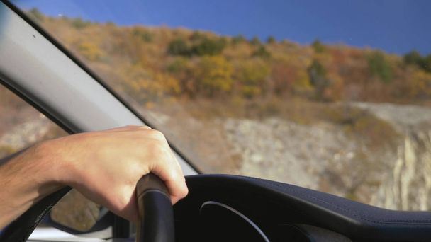  mannelijke hand op stuurwiel van een bewegende auto uit het raam herfst landschap  - Foto, afbeelding