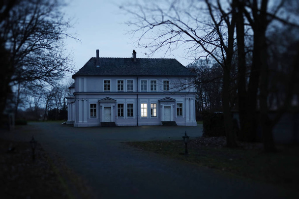 不気味な晩秋の風景の中に神秘的で古い、幽霊屋敷の家 - 写真・画像