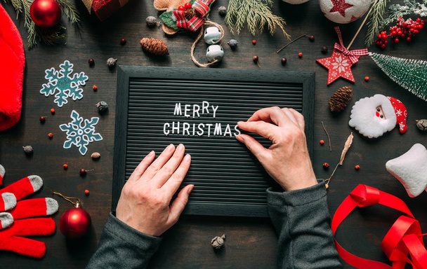 Merry Christmas message top view flat lay - Foto, Imagen