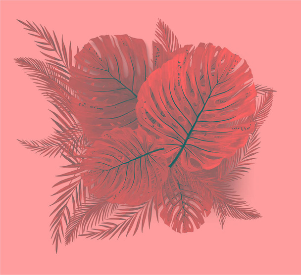 Summer tropical hawaiian background with palm tree leavs and exotic plants red colors. Tropical leaves on pink, red background. Trend colorful illustration - Foto, Imagem