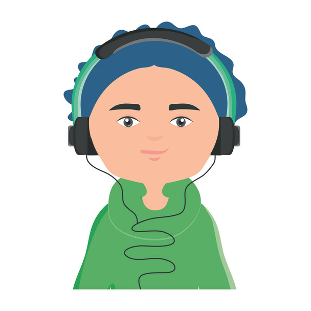 jovencito feliz escuchando música con auriculares - Vector, imagen