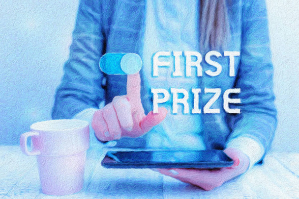 Text sign showing First Prize. Conceptual photo the most desirable or grand prize offered for the overall winner Business woman sitting with mobile phone and cup of coffee on the table. - Fotoğraf, Görsel