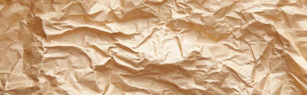 top view of empty crumpled craft paper texture, panoramic shot - Photo, Image