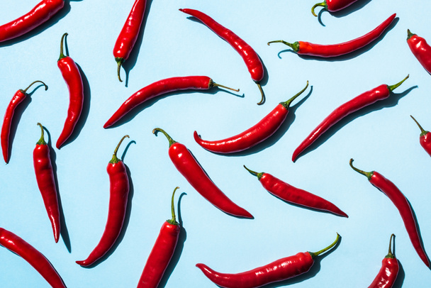 Top view of red chili peppers on blue background - Photo, Image