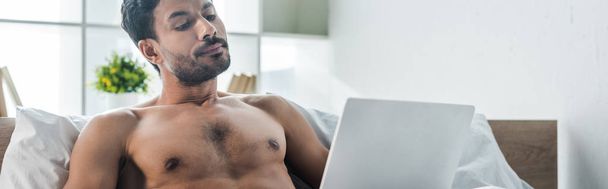 panoramic shot of handsome and sexy bi-racial man using laptop in morning  - Photo, Image