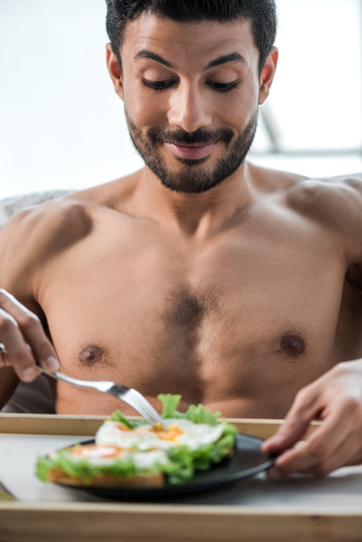 handsome and smiling bi-racial man having breakfast in morning  - Photo, Image