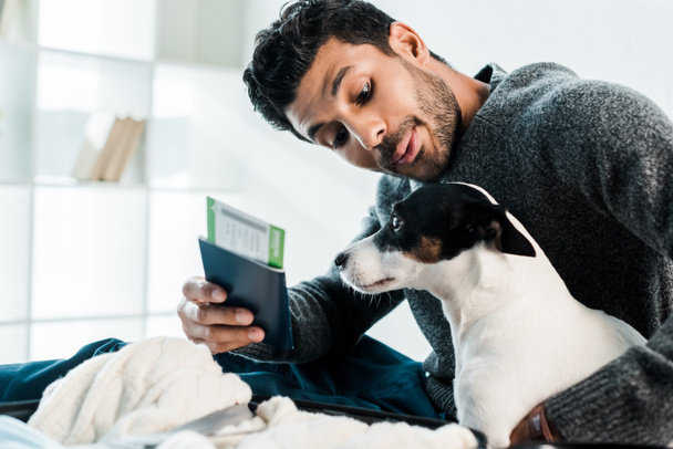 handsome bi-racial man looking at jack russell terrier and holding passport with air ticket - Foto, imagen