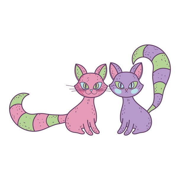 pink and purple cats sitting with striped tails - Vector, Image
