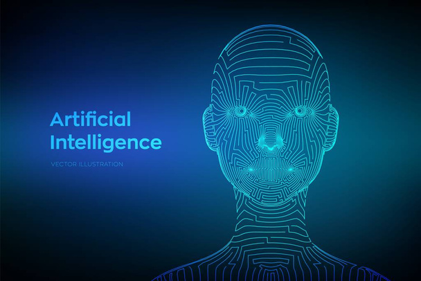 AI. Artifactial intelligence concept. Abstract digital human face. Human head in robot digital computer interpretation. Robotics concept. Wireframe head concept. Digital brain. Vector illustration. - Wektor, obraz