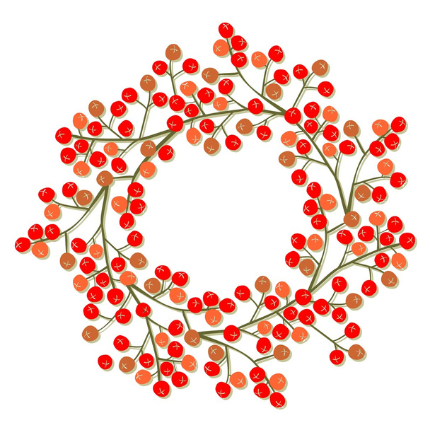Red orange rowan berry mountain ash berries beautiful delicate autumn season decoration wreath on white background - Διάνυσμα, εικόνα