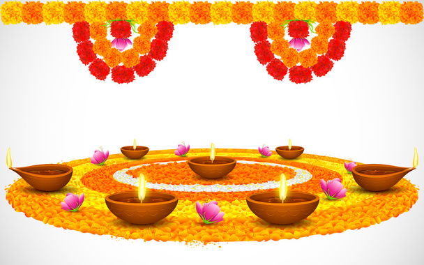 Diwali Diya decorado na flor Rangoli
 - Vetor, Imagem