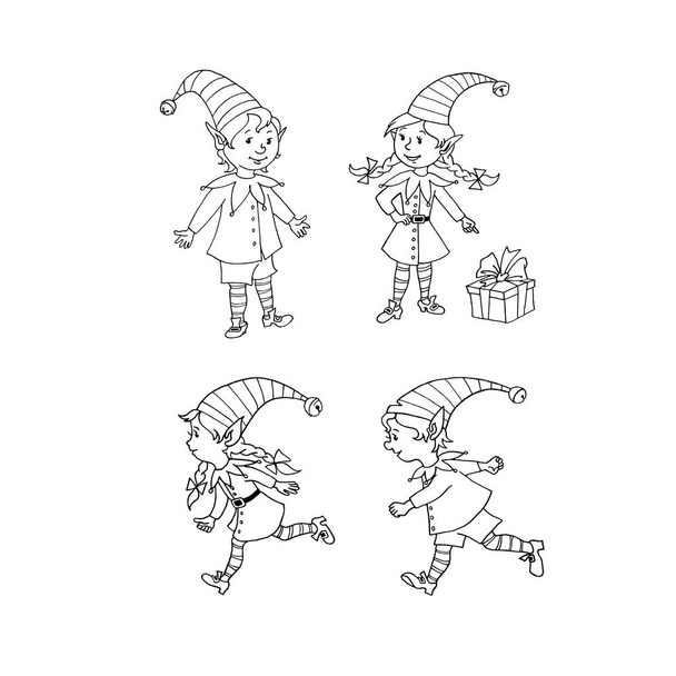 Sevimli küçük Noel Elfleri. Yeni yıl Xmas karakterleri. El çizimi desen, karikatür, karalama, çizim, taslak. Tebrik kartları, takvimler, baskılar, çocuk boyama kitabı için basit illüstrasyon - Fotoğraf, Görsel