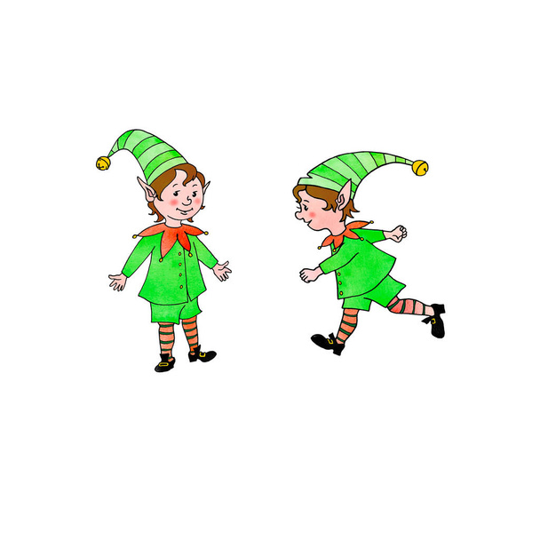 Słodkie, małe świąteczne elfy. Bohaterowie Nowego Roku. Ręcznie rysowane, kreskówka, bazgroły. Prosta kolorowa ilustracja do kartek okolicznościowych, kalendarzy, druków, książek dla dzieci - Zdjęcie, obraz