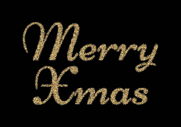 Merry Christmas, festive text on black background. Glitter golden lettering design. Vector illustration. EPS 10. Xmas greeting card, posters, banners for winter great celebration - Vektor, Bild