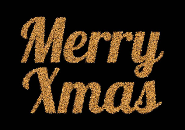 Merry Christmas, festive text on black background. Glitter golden lettering design. Vector illustration. EPS 10. Xmas greeting card, posters, banners for winter great celebration. - Vektori, kuva