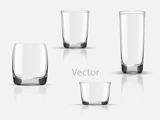 Lege realistische glazen set voor verschillende drankjes en cocktails op grijze achtergrond geïsoleerde vector illustratie. Verzameling van diverse glazen geïsoleerd op grijs. Leeg. Niet-transparante gradiëntenmaaswijdte - Vector, afbeelding