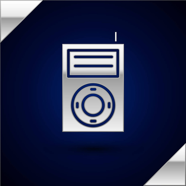 silbernes Musik-MP3-Player-Symbol isoliert auf dunkelblauem Hintergrund. tragbares Musikgerät. Vektorillustration - Vektor, Bild