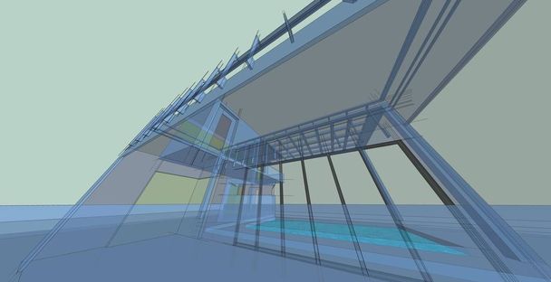 Arkkitehtoninen luonnos linja, Moderni talo suunnittelu työ vapaat kädet piirustus, Suunnitelma rakentaminen, 3D-kuvitus
. - Valokuva, kuva