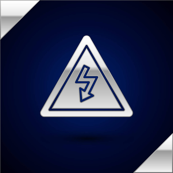 Silver High voltage sign icon isolated on dark blue background. Danger symbol. Arrow in triangle. Warning icon. Vector Illustration - Vektör, Görsel